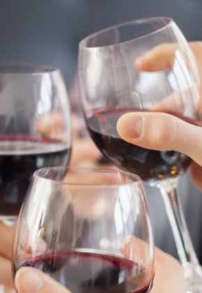 Apelsga: Happy friends toasting red wine glasses at restaurant table