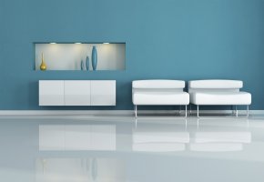 : two white armchair in a blue living room